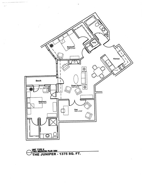 Floor plan for 2 beds, 2 baths, 1375 sqft